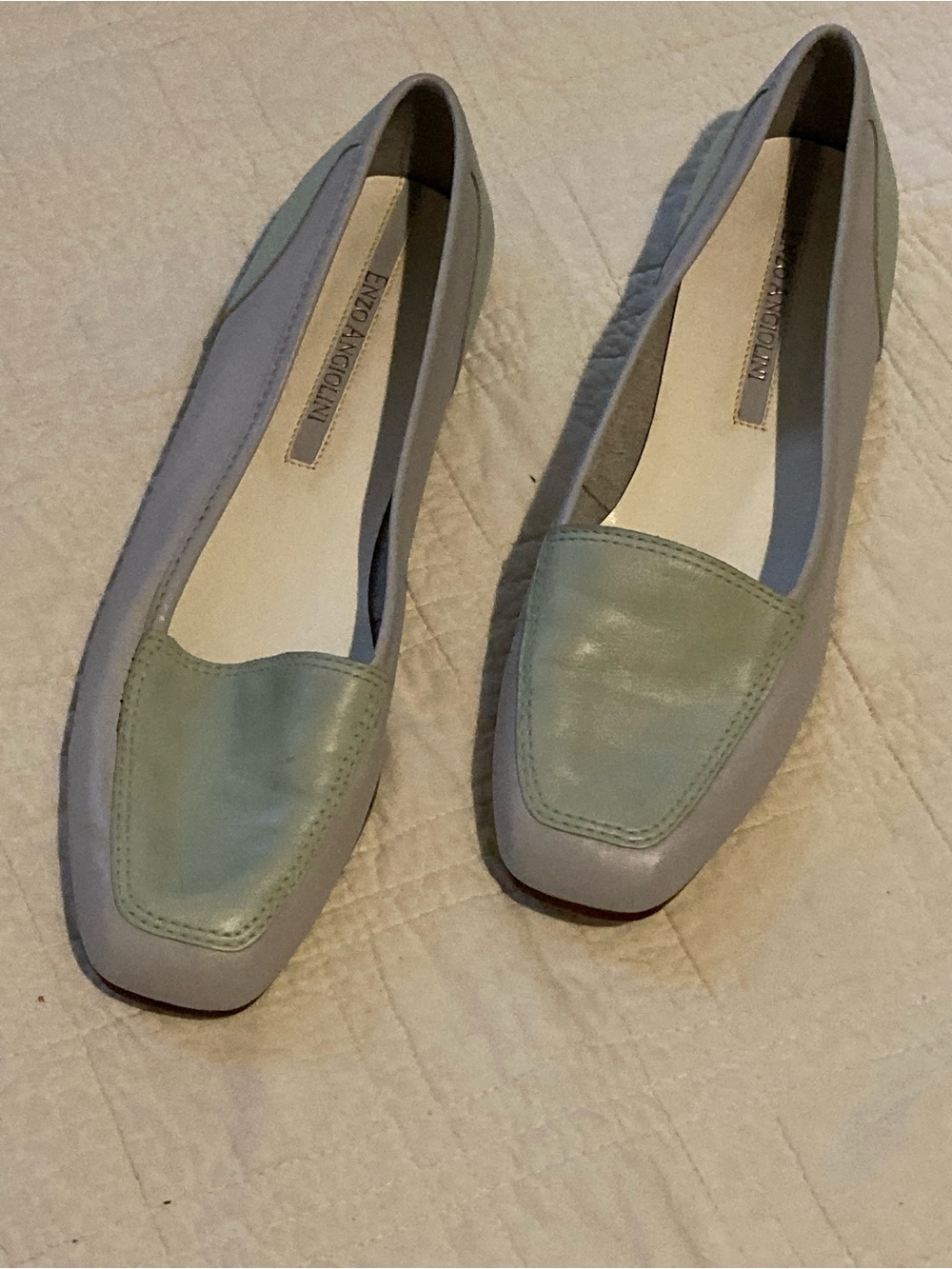 Vintage Enzo Angiolini Mint Green and Light Gray Leather Loafers Size 7.5 GUC